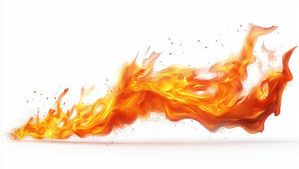 A striking and intense image of an orange flame, captured mid-movement against a clean white background