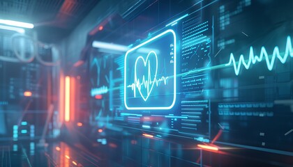 Futuristic Digital Heartbeat Monitor with Neon Lines and Advanced Healthcare Technology