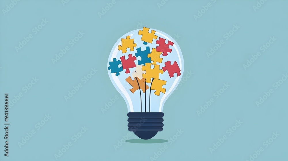 Poster light bulb with puzzle pieces symbolizing solving problems and achieving growth