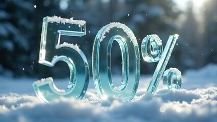 The 50 percent ice symbol, set in the snow against a pine forest background, evokes winter holiday discounts and sales, accompanied by a cool, festive atmosphere.