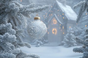 A decorative ornament is suspended from a frosty branch, while a warmly lit cabin is visible in the blurred background, creating a magical winter atmosphere.
