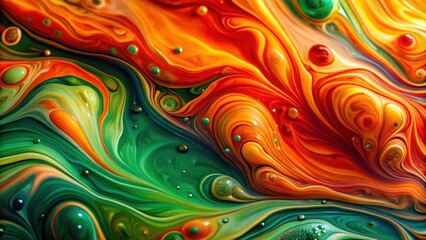 Abstract colorful liquid texture background with orange, green, and red colors, featuring a smooth and blur texture
