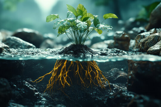 A plant&acirc;&euro;&trade;s roots being overtaken by a parasitic plant, draining its nutrients and water,
