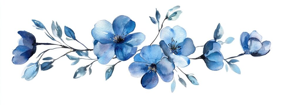 Watercolor flowers decorative floral element birthday card design wedding invitation blue floral branch