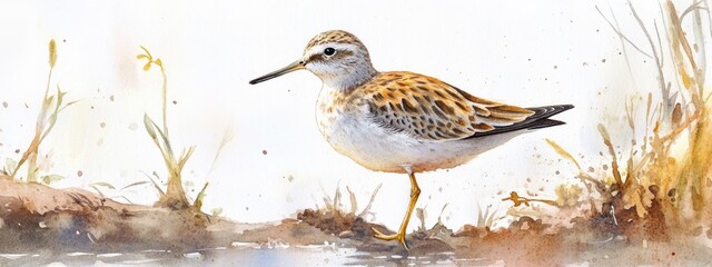 Obraz premium Watercolor illustration of a Marsh Sandpiper foraging at the edge of a wetland