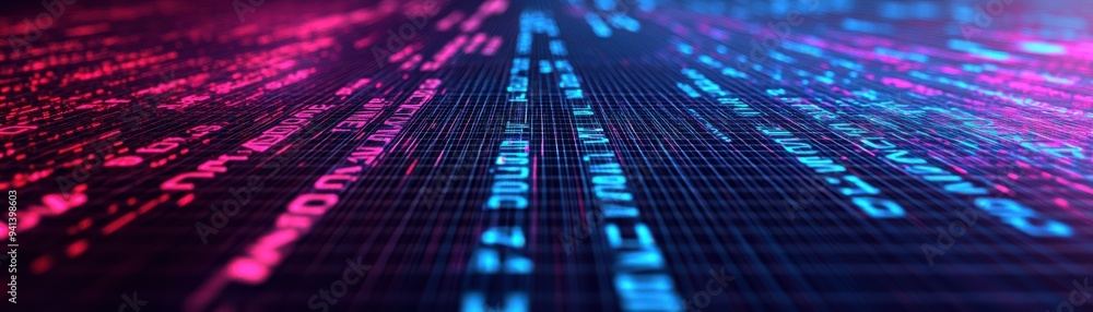 Poster Abstract digital background with flowing lines of data in vibrant pink and blue colors, representing technology and innovation.