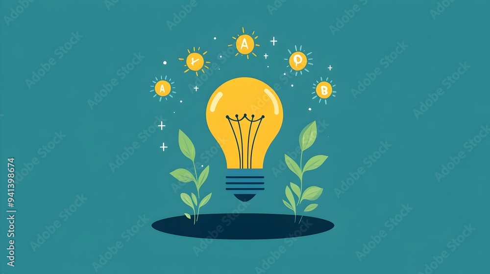 Poster overlapping circles light bulb symbolizing ideas and growth in flat design