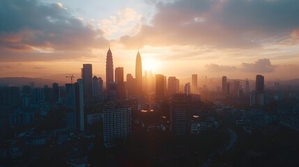 Obraz premium Breathtaking Drone Panorama of Glittering City Skyline at Sunrise