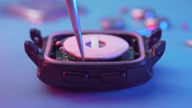 Macro Close up of a digital watch lcd repair disassemble with nuts and bolts
