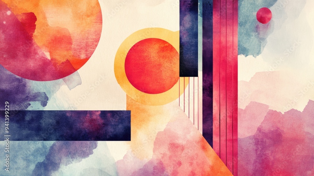 Poster watercolor illustration featuring a gradient backdrop with geometric and abstract elements