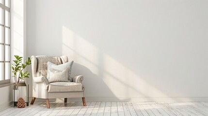 Beige armchair with pillows near a large window in a bright minimalist living room. Modern interior design concept.