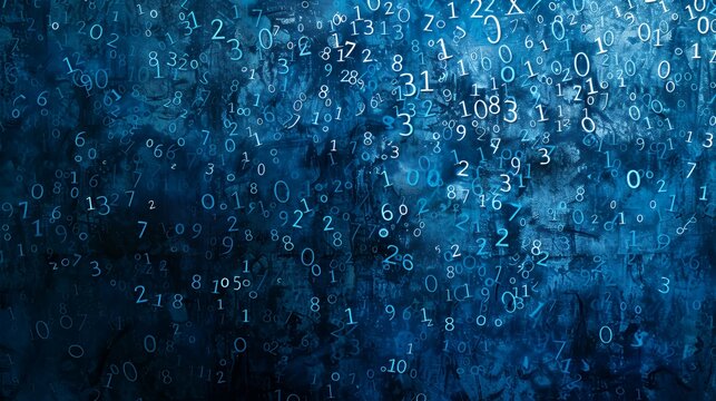 A digital abstract background featuring floating numbers in shades of blue.