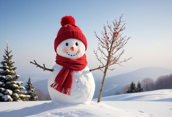 Obraz premium A snowman in a red hat and scarf, carrying a Christmas tree decorated with balls in his hands, stands on the top of a snow-covered hill in the rays of the sun.