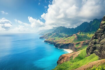 Fototapeta premium Lush Green Mountains and a Sandy Beach Along a Deep Blue Ocean