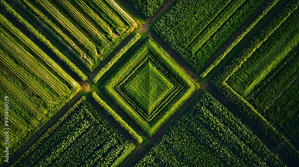 Poster symmetrical aerial view of geometric crop field patterns