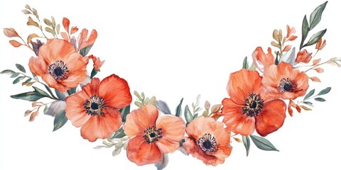 Fototapeta premium Watercolor illustration of a floral wreath featuring red blooms