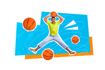 Creative image picture poster collage of funky shocked man hold orange ball play favorite game isolated drawing background