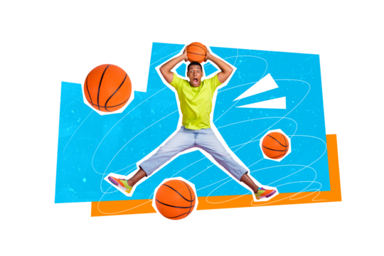 Creative image picture poster collage of funky shocked man hold orange ball play favorite game isolated drawing background