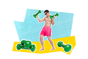 Creative picture poster image collage of happy positive man training fitness gym preparing summer season isolated painted background