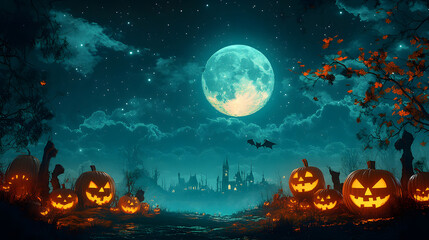 Fototapeta premium 3D cartoon Halloween scene featuring glowing pumpkins and spooky zombies under a full moon, ideal for 