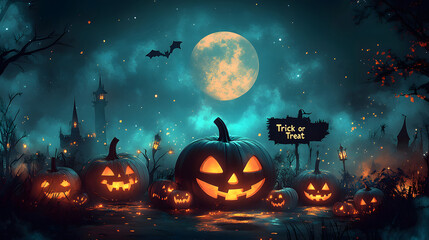 Fototapeta premium A full moon night with 3D cartoon Halloween pumpkins and playful zombies, creating a fun 