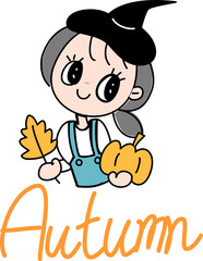 child with a smile with pumpkin and maple leaf