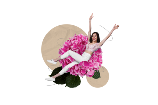 Photo collage cartoon comics sketch picture funky excited lady sitting big fluffy flower isolated drawing background