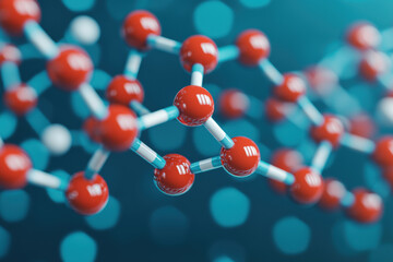 Close-up of molecular structure with red and white atoms connected by blue bonds against a blurred blue background. Concept of science and chemistry.