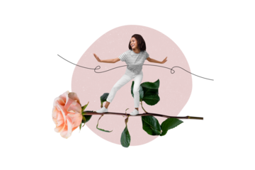 Collage portrait of excited carefree girl stand flying big rose flower isolated on creative drawing background