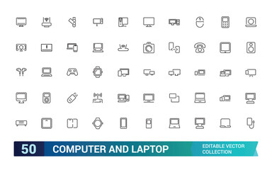 Computer and laptop icon set. Collection and pack of linear web and ui icons. Editable stroke. Vector illustration.