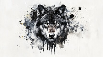 Watercolor illustration of a black and white wolf design featuring ink drips