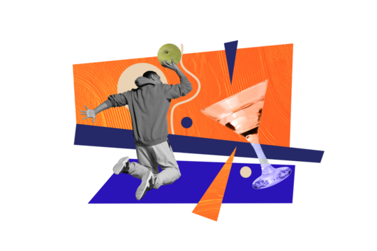 Poster postcard sketch collage of carefree crazy guy basketball player drink martini chill vibe night club isolated on painted background