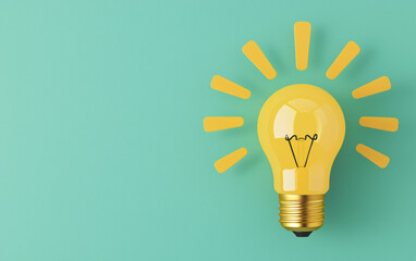 Yellow light bulb with glowing rays on a turquoise background symbolizing creativity and innovative ideas. Perfect for business or educational concepts.
