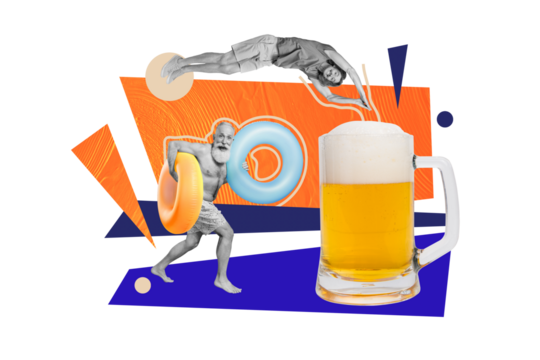 Sketch collage artwork of funky crazy cheerful people have fun enjoy summer journey trip dive big beer cup isolated on painted background - Powered by Adobe