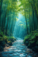 A tranquil bamboo grove with a winding path, dappled sunlight filtering through the dense canopy,