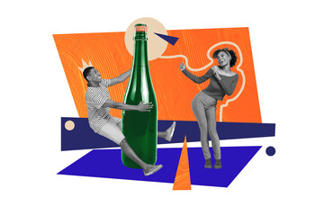 Picture sketch collage artwork of funky crazy cheerful people have fun celebrate birthday enjoy tasty drink isolated on painted background