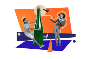 Picture sketch collage artwork of funky crazy cheerful people have fun celebrate birthday enjoy tasty drink isolated on painted background