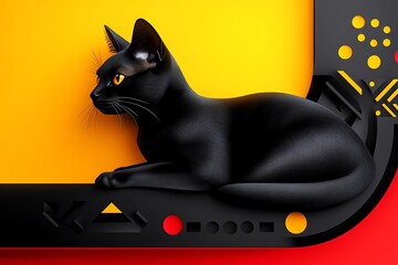 A black cat depicted in an abstract, geometric style, using bold lines and shapes to create a modern interpretation