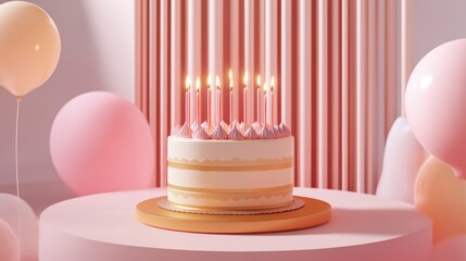 Stylish birthday scene with a luxury cake and candles flat design, front view, modern elegance theme, 3D render, Triadic Color Scheme