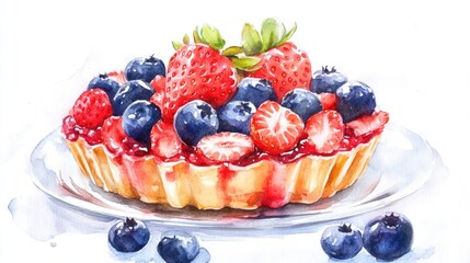 Watercolor illustration of a delectable dessert featuring berries and strawberries