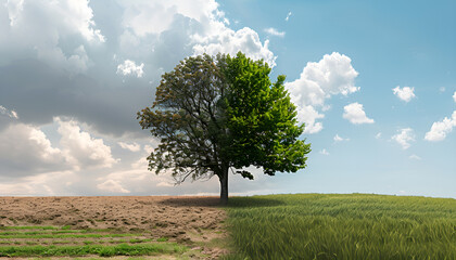 Obraz premium Concept of climate changing. Half dead and alive tree outdoors