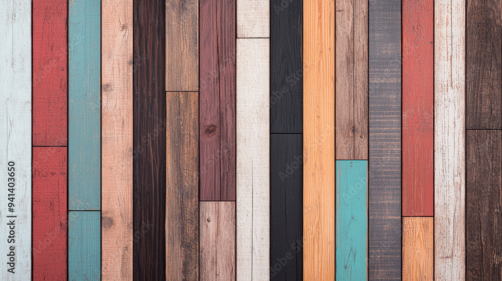 Poster colorful wooden planks arranged vertically creating a vibrant, textured background. suitable for var