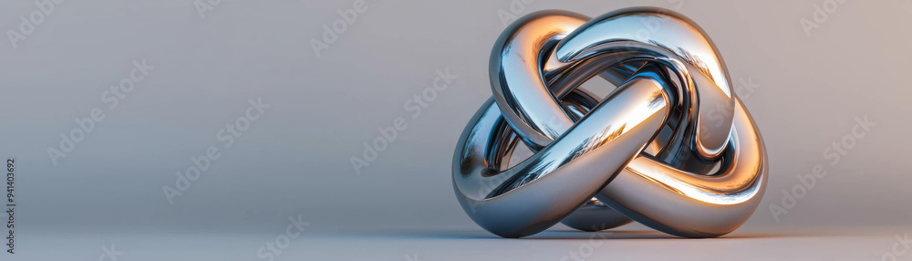 Poster abstract metallic sculpture with a smooth, reflective surface displaying intricate knots and loops a