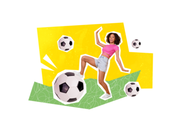 Creative illustration picture poster image collage of positive girlfriend play kick big size ball on green lawn isolated drawing background