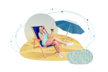 Poster creative illustration pop pinup sketch picture image collage of cheerful lady sitting lying chair chatting friends enjoy all inclusive