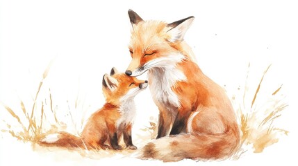 Obraz premium Watercolor illustration of a charming fox family featuring a mother fox and her cub embodying love and affection perfect for animal themed postcards