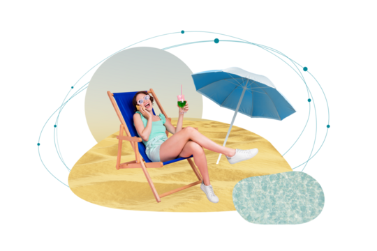 Poster creative illustration pop pinup sketch picture image collage of cheerful lady sitting lying chair chatting friends enjoy all inclusive