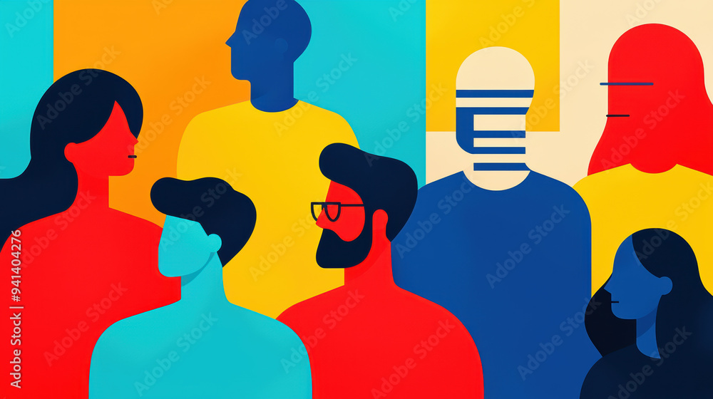 Poster abstract illustration of diverse individuals in vibrant colors, emphasizing unity and diversity. mod