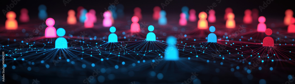 Poster abstract concept of digital interconnectedness featuring colorful figures representing people linked