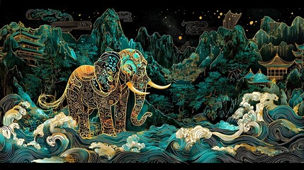 Obraz premium Enchanting Cosmic Elephant Soaring Through Ethereal Dreamscape Mountains